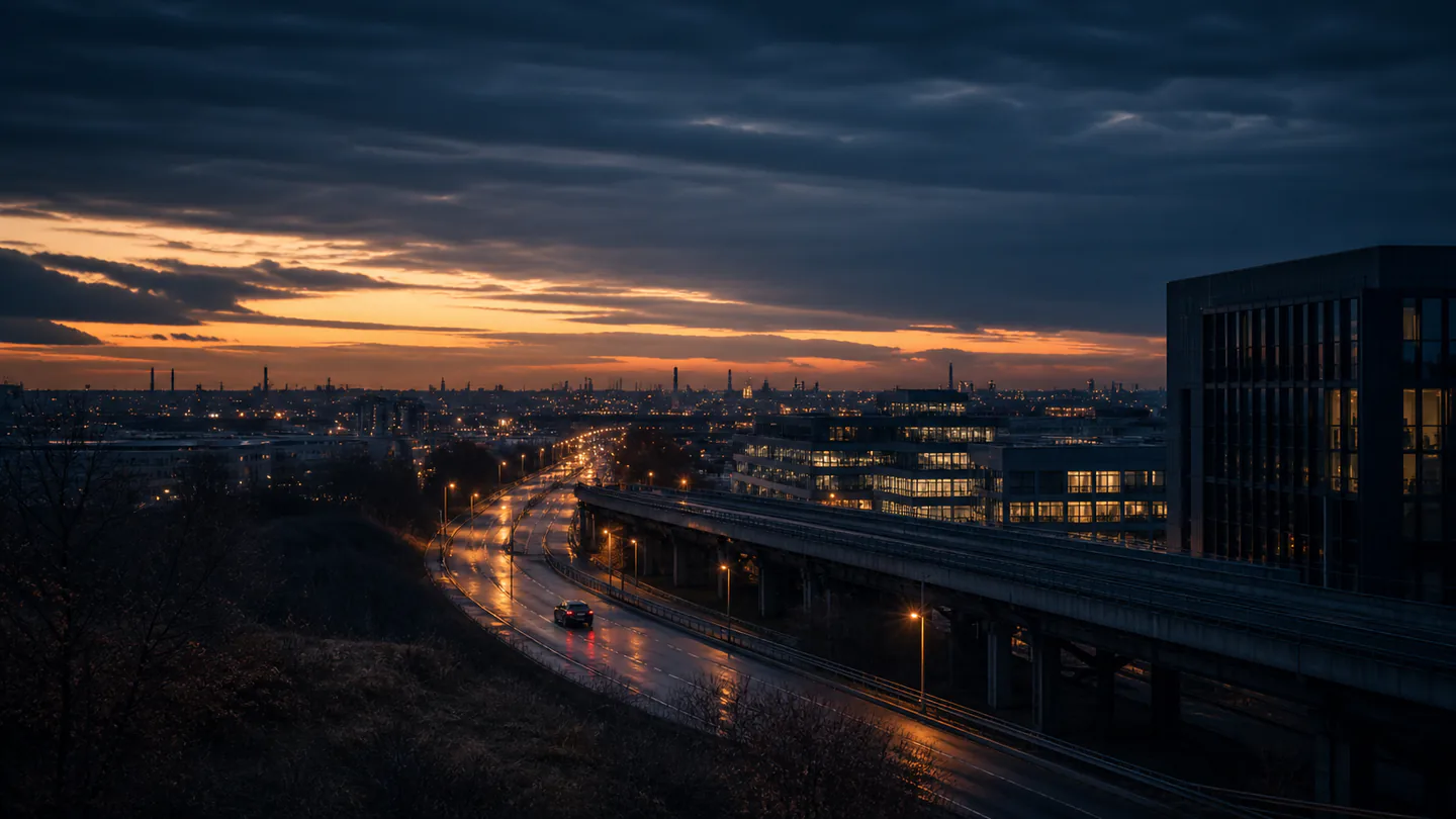 Nächtliches Hafenmotiv mit der Aufschrift Autoexport Oberhausen