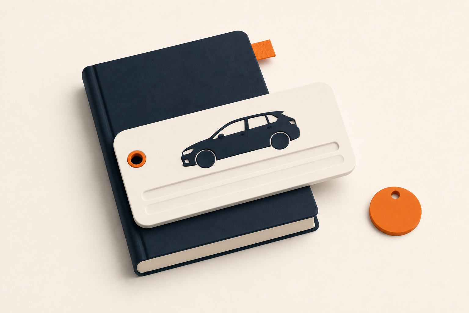 3D-Illustration eines geschlossenen Servicehefts neben einer Relieftafel mit stilisierten Fahrzeugdaten.