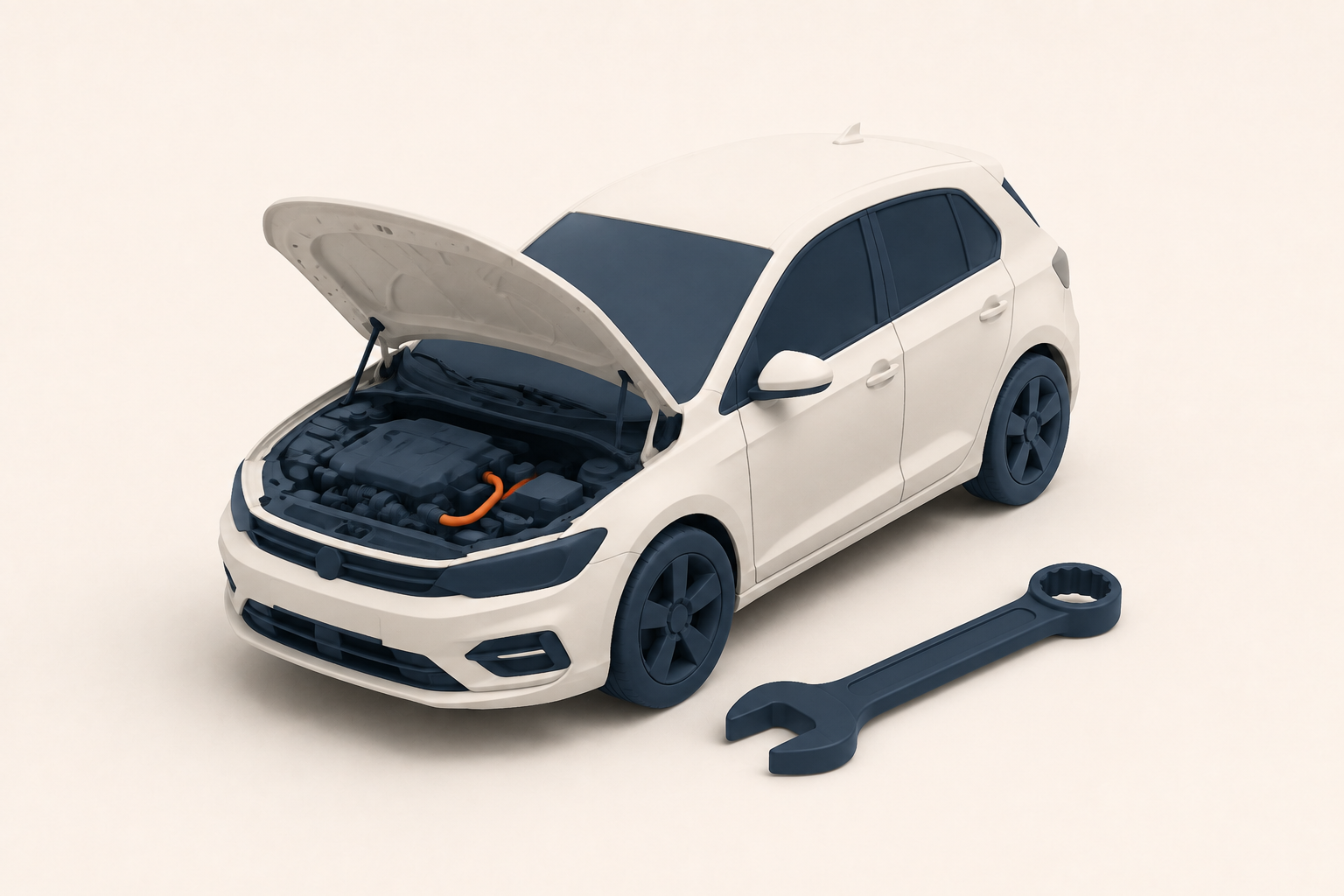 3D-Illustration zum Thema Fahrzeugreparatur in Creme, Dunkelblau und Orange.