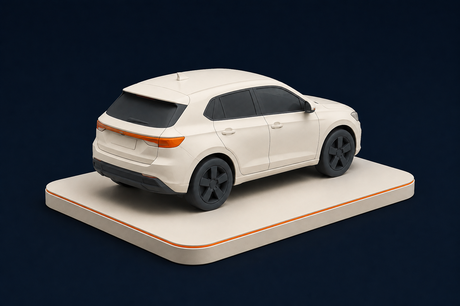 3D-Illustration eines SUV auf einer dunkelblauen Bühne mit orangefarbenen Akzenten.