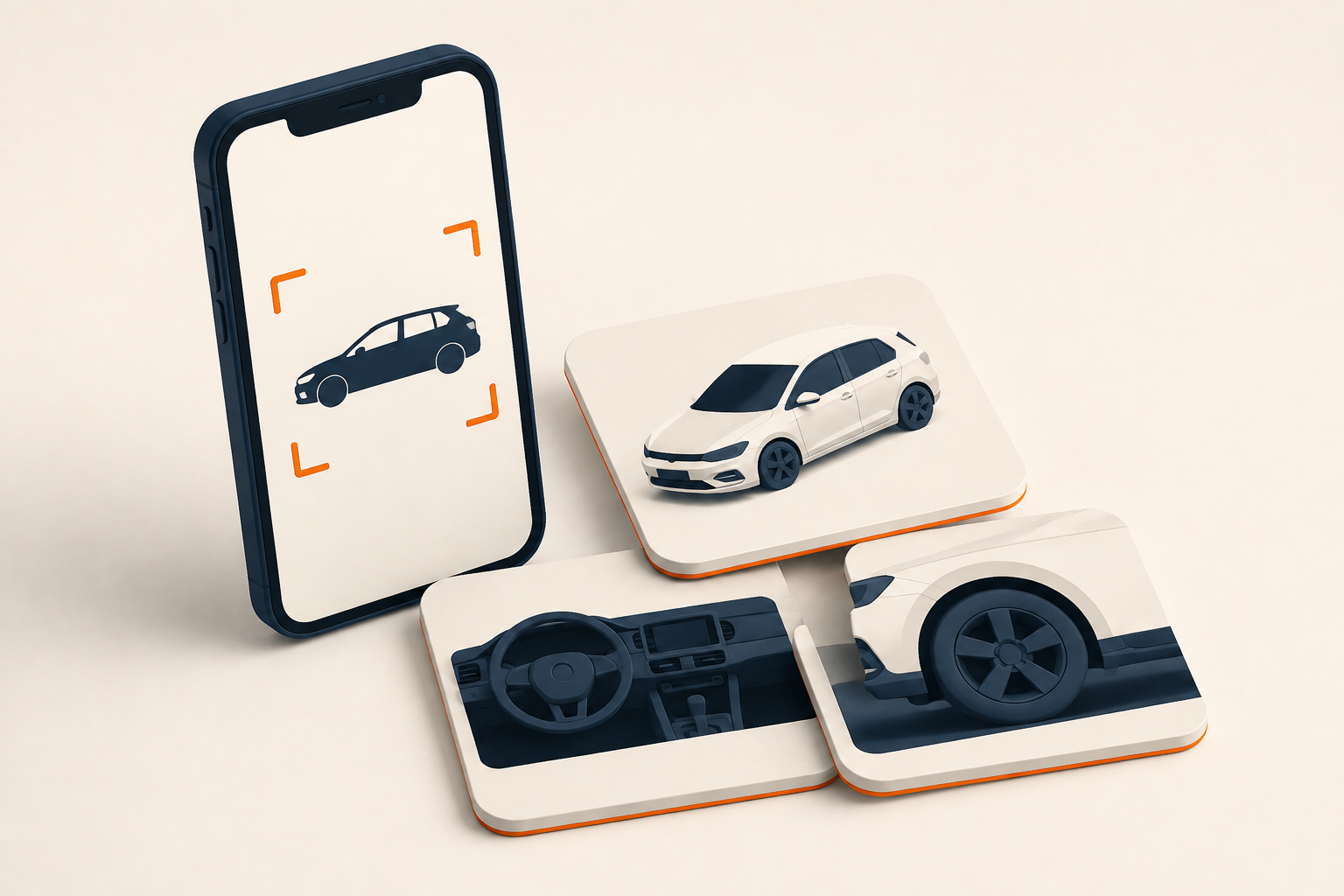 3D-Illustration zur Fotodokumentation eines Autos mit Mobiltelefon und Fahrzeugansichten.